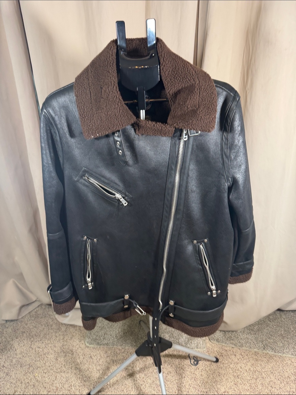 Urban Outfitters Black Leather Jacket with Brown Sherpa Collar